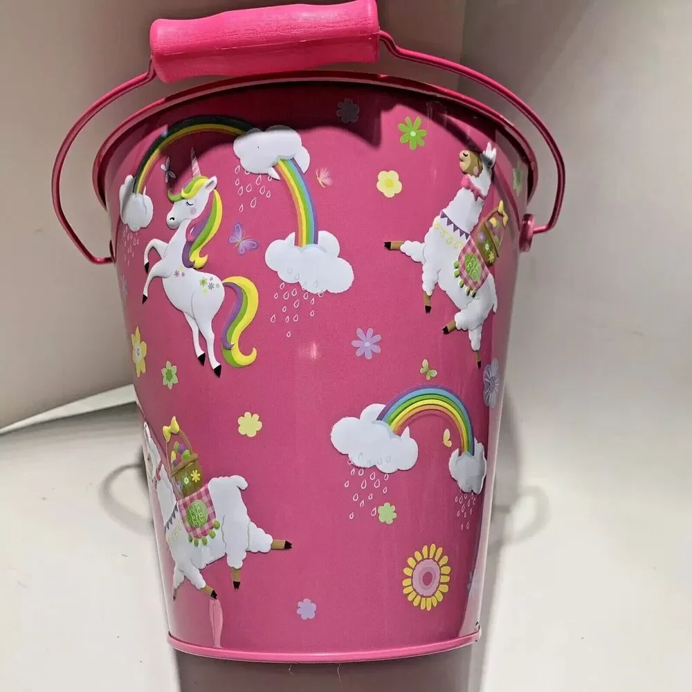 Child Metal Bucket with Plastic Handle Tin Pail Easter Sand Toy Pink Unicorn NEW